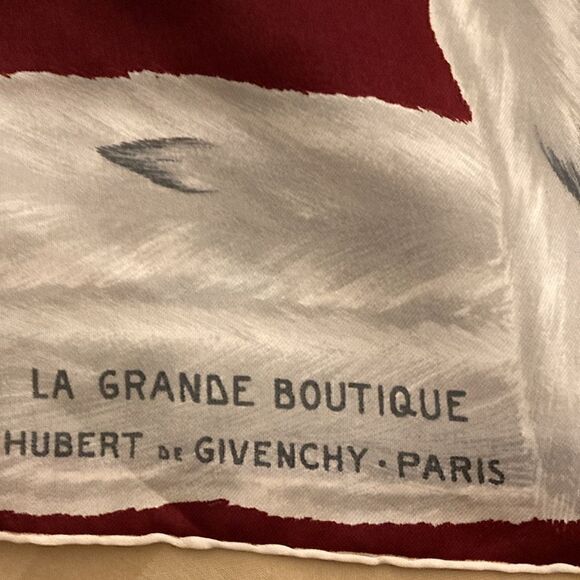 Hubert de Givenchy Paris Vintage Silk Scarf with Hand Rolled Hem. Burgundy/Gray - Picture 9 of 9